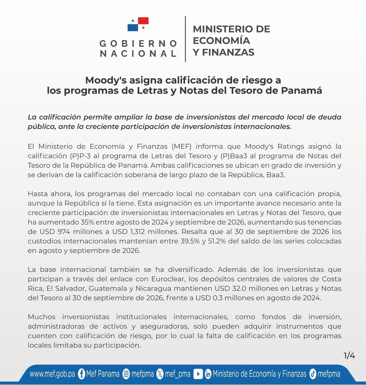 Moody's asigna calificación de grado de inversión a los programas de Letras y Notas del Tesoro de Panamá